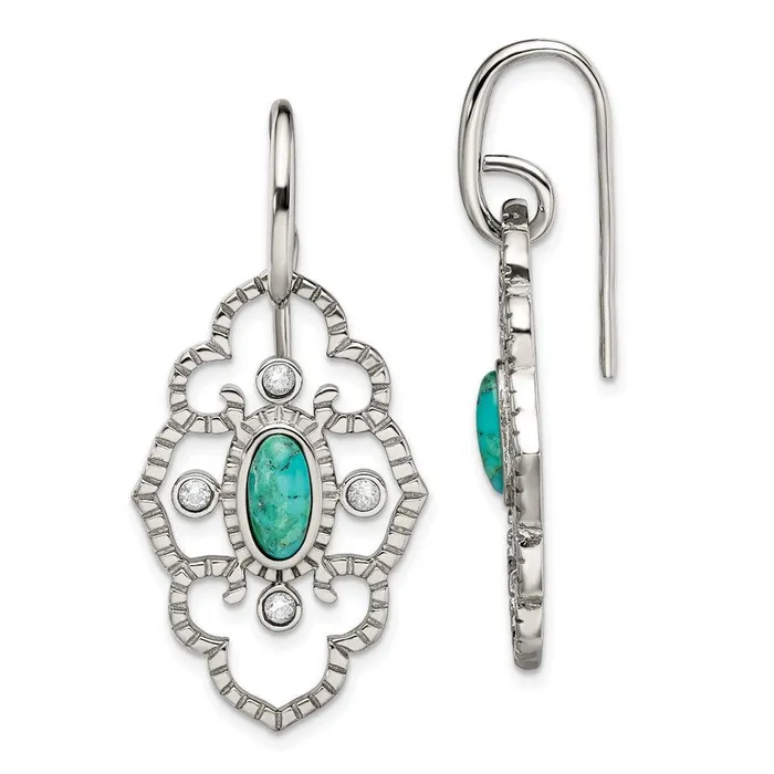 Stainless Steel Polished Imi Turquoise CZ Dangle Earrings Chisel Earrings