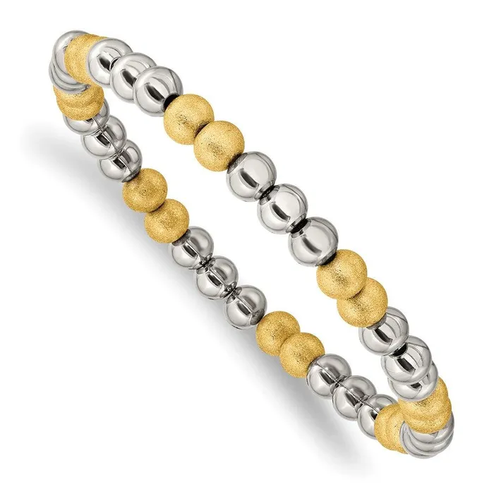 Stainless Steel Polished Yellow IP Sand Blasted Beaded Stretch Bracelet Chisel Bracelets Stainless Steel Polished Yellow IP Sand Blasted Beaded Stretch Bracelet Chisel Bracelets