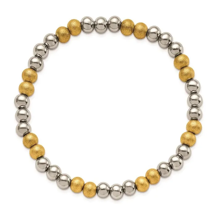 Stainless Steel Polished Yellow IP Sand Blasted Beaded Stretch Bracelet Chisel Bracelets Stainless Steel Polished Yellow IP Sand Blasted Beaded Stretch Bracelet Chisel Bracelets
