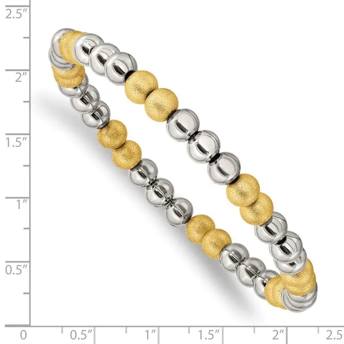 Stainless Steel Polished Yellow IP Sand Blasted Beaded Stretch Bracelet Chisel Bracelets Stainless Steel Polished Yellow IP Sand Blasted Beaded Stretch Bracelet Chisel Bracelets
