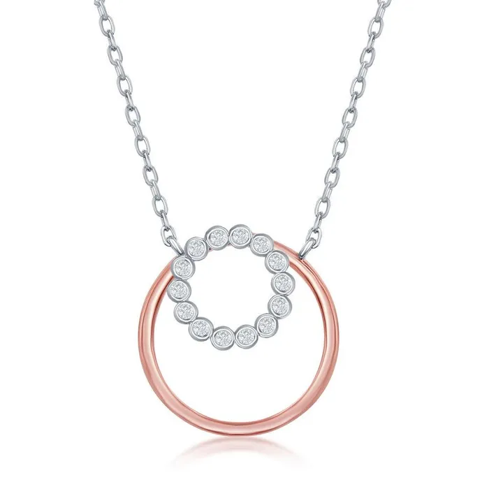 Sterling Silver BezelSet CZ and RG Plain Open Circle Necklace Classic Necklaces Sterling Silver BezelSet CZ and RG Plain Open Circle Necklace Classic Necklaces