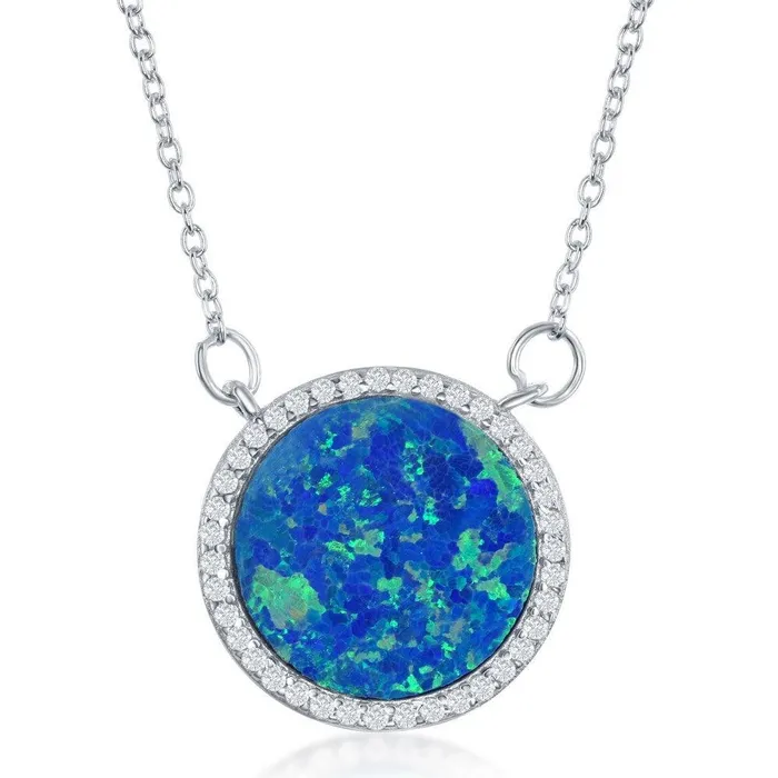 Sterling Silver Blue Inlay Opal Circle with CZ Border Necklace Classic Necklaces Sterling Silver Blue Inlay Opal Circle with CZ Border Necklace Classic Necklaces