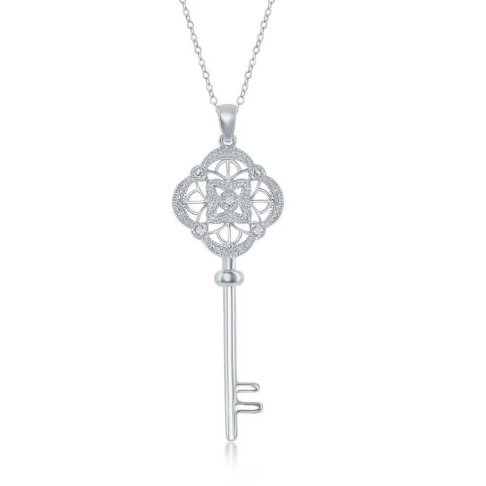 Sterling Silver Design Top Key Diamonds Pendant Classic Necklaces