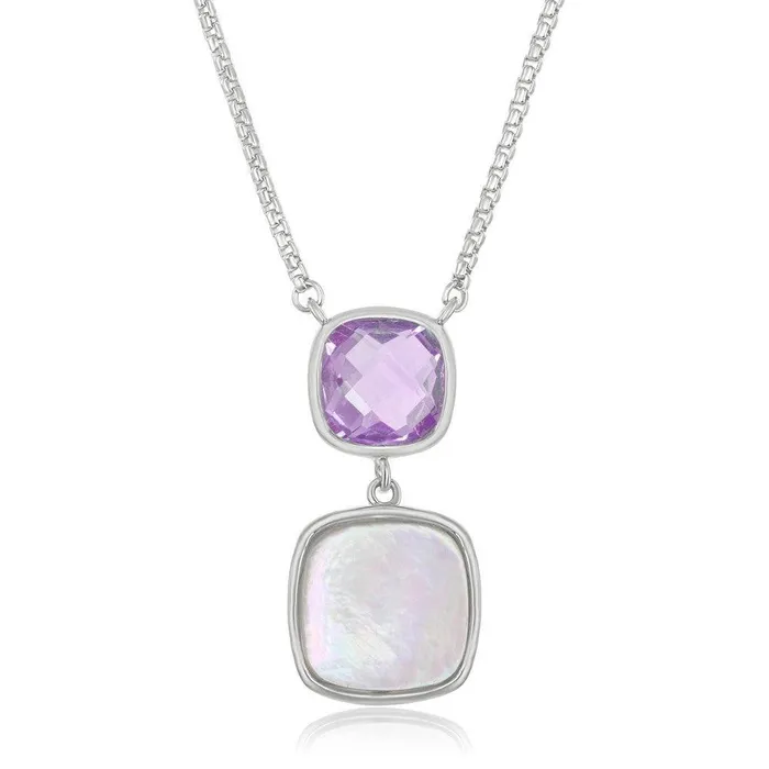 Sterling Silver Double Square Amethyst and Mother of Pearl Necklace Classic Necklaces Sterling Silver Double Square Amethyst and Mother of Pearl Necklace Classic Necklaces
