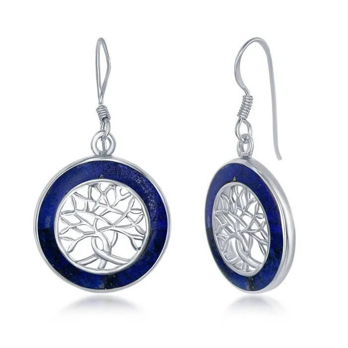 Sterling Silver Small Tree of Life Round Earrings Lapis Classic Earrings