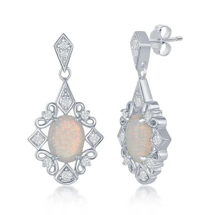 Sterling Silver White Diamond Oval Stone Earrings Classic Earrings