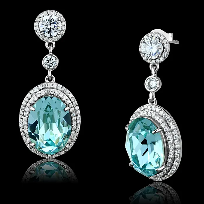 TS508 Rhodium 925 Sterling Silver Earrings with Top Grade Crystal in Sea Blue Alamode Earrings TS508 Rhodium 925 Sterling Silver Earrings with Top Grade Crystal in Sea Blue Alamode Earrings