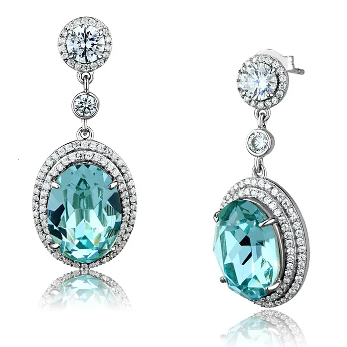 TS508 Rhodium 925 Sterling Silver Earrings with Top Grade Crystal in Sea Blue Alamode Earrings