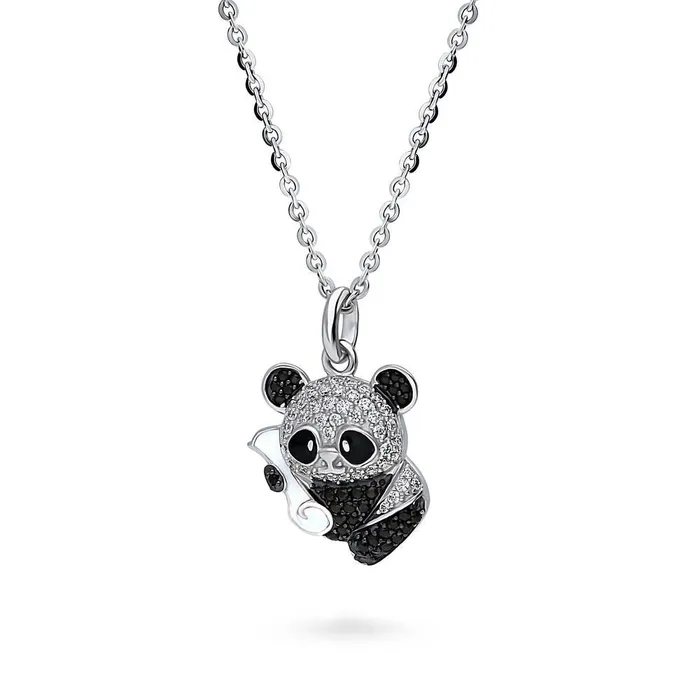 BERRICLE Black White Panda CZ Necklace in Sterling Silver Necklaces