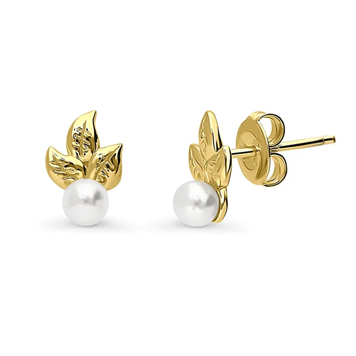 BERRICLE Earrings Leaf Imitation Pearl Stud Earrings in Sterling Silver