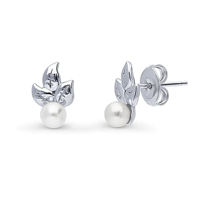 BERRICLE Earrings Leaf Imitation Pearl Stud Earrings in Sterling Silver