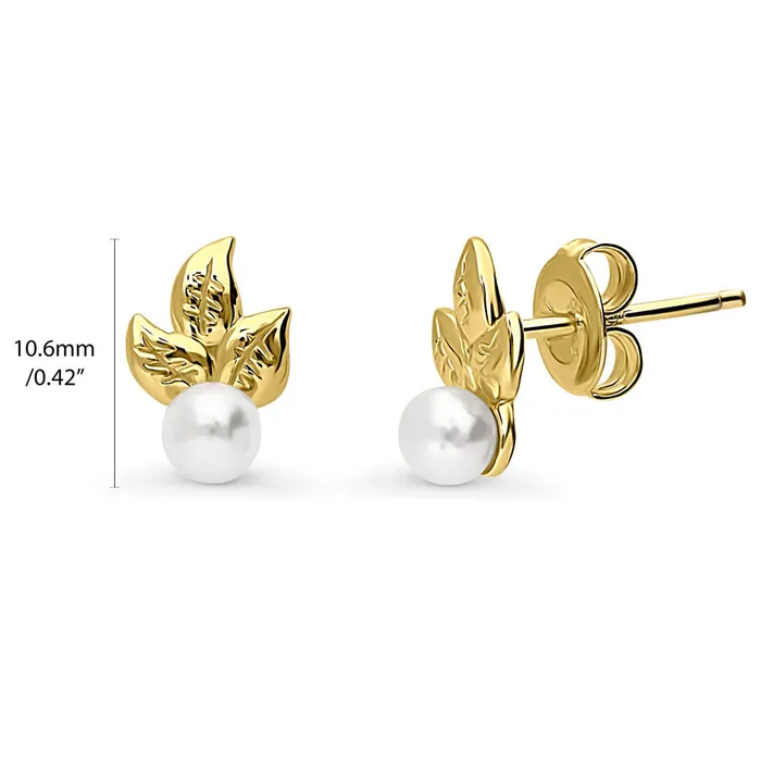 BERRICLE Earrings Leaf Imitation Pearl Stud Earrings in Sterling Silver