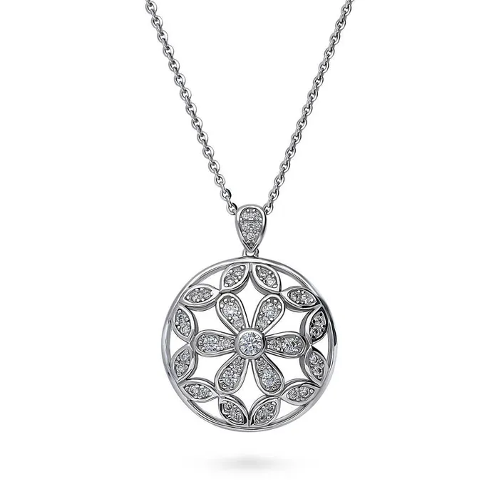 BERRICLE Flower Medallion CZ Necklace in Sterling Silver Necklaces