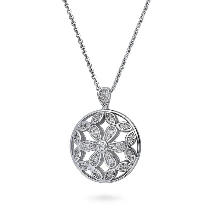 BERRICLE Flower Medallion CZ Necklace in Sterling Silver Necklaces