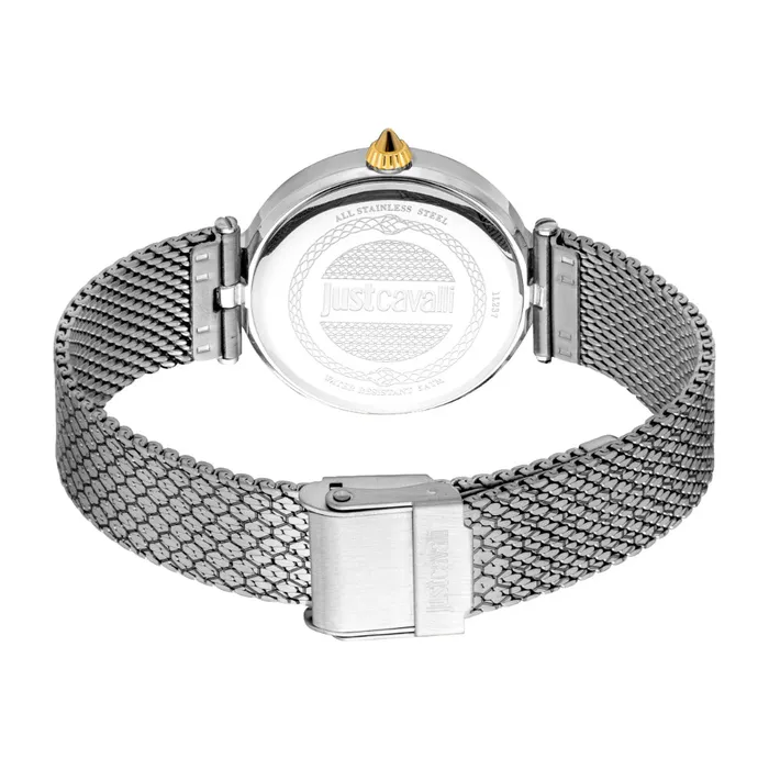 Bracelets Just Cavalli Just Cavalli Womens Watch Two Tone Silver Gold Color Case Silver Dial Mesh Bracelet