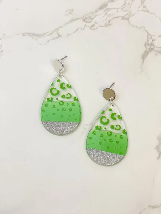 Earrings Cheetah Painted Clear Glitter Dangle Earrings Green Prep Obsessed MOA