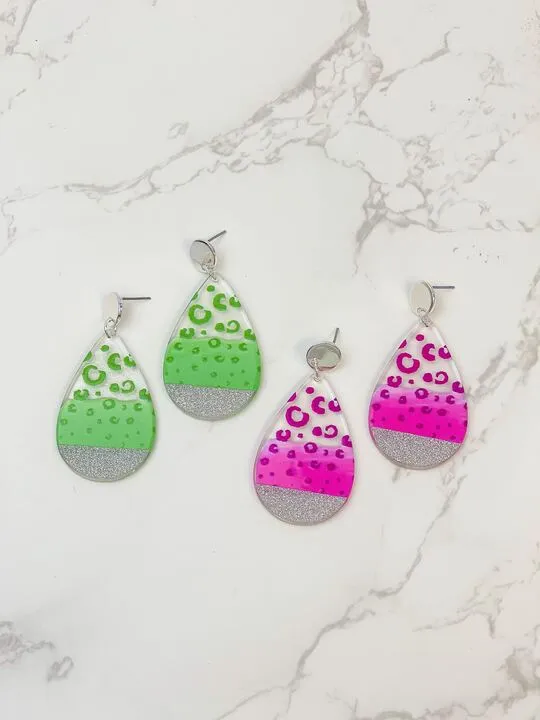 Earrings Cheetah Painted Clear Glitter Dangle Earrings Green Prep Obsessed MOA