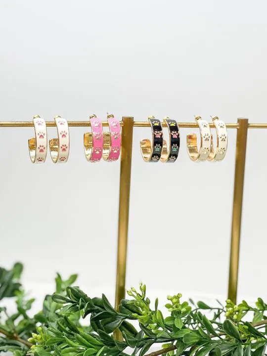 Earrings Prep Obsessed ESS Paw Pattern Enamel Hoop Earrings Black Multi
