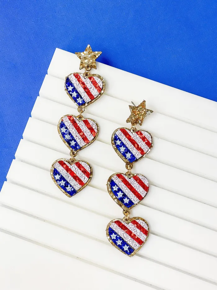 Earrings Prep Obsessed RNK American Flag Heart Trio Dangle Earrings