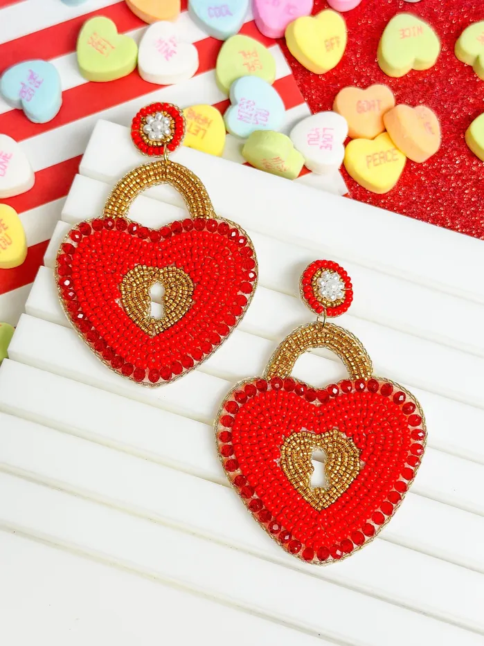 Earrings Prep Obsessed TL Heart Locket Beaded Dangle Earrings Red