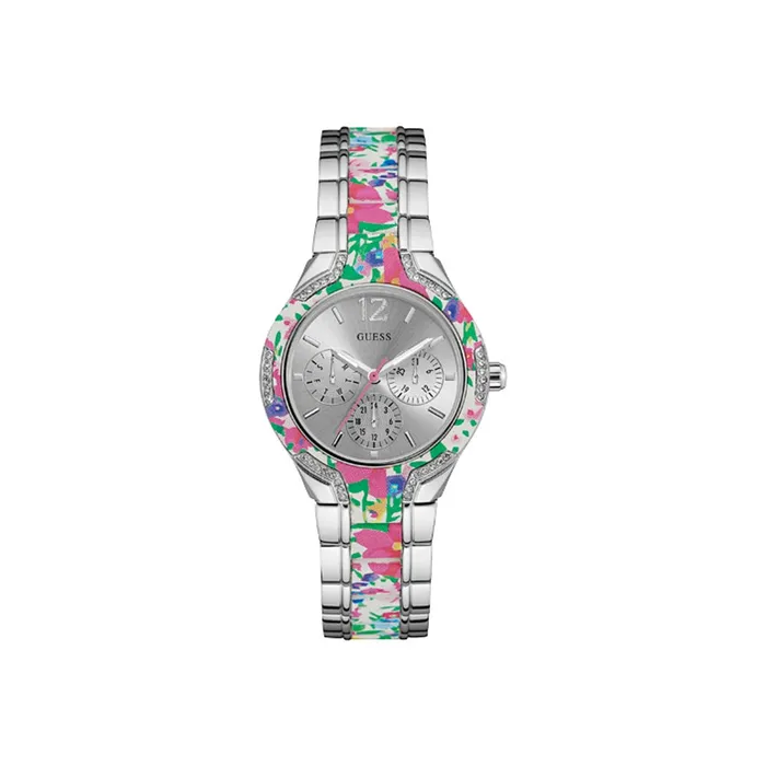 Guess Bracelets Guess Ladies Stainless Steel Watch With Floral Silicon Bracelet Silver Sun Dial Guess Bracelets Guess Ladies Stainless Steel Watch With Floral Silicon Bracelet Silver Sun Dial