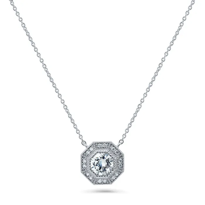 Halo Milgrain Octagon Sun Cut CZ Necklace in Sterling Silver BERRICLE Necklaces