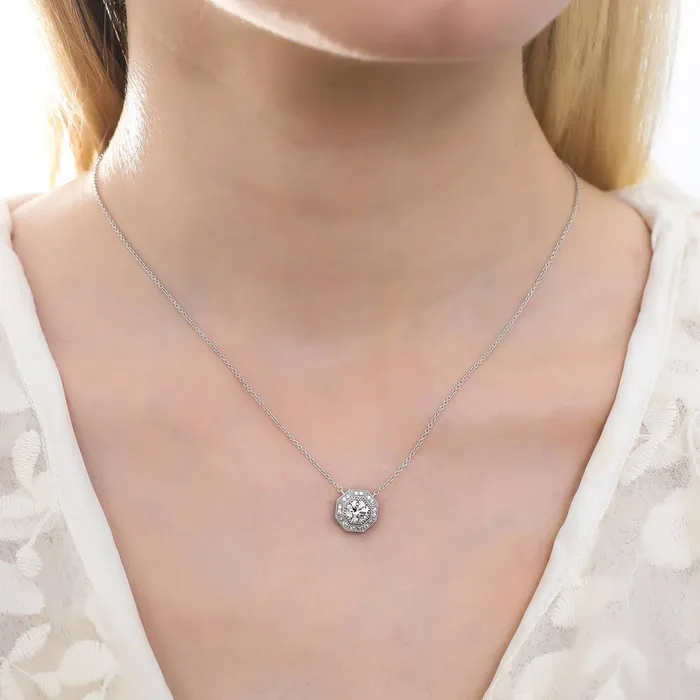 Halo Milgrain Octagon Sun Cut CZ Necklace in Sterling Silver BERRICLE Necklaces
