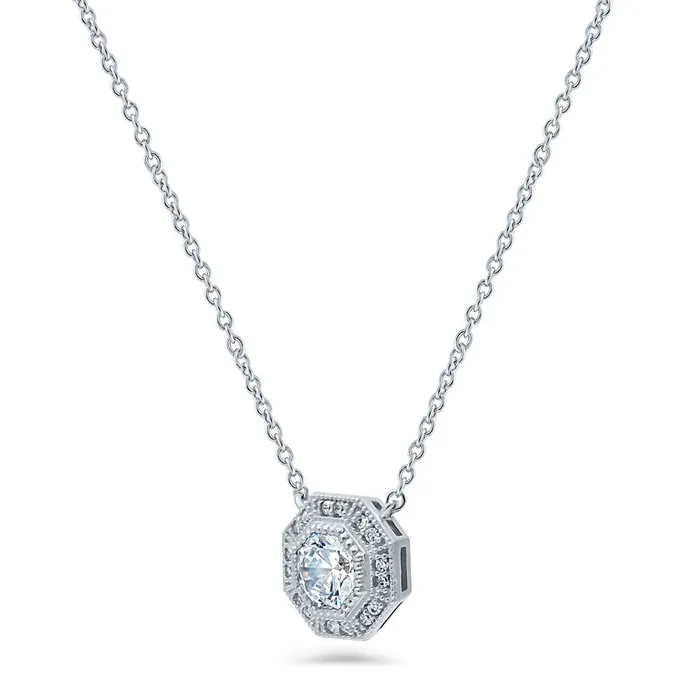 Halo Milgrain Octagon Sun Cut CZ Necklace in Sterling Silver BERRICLE Necklaces