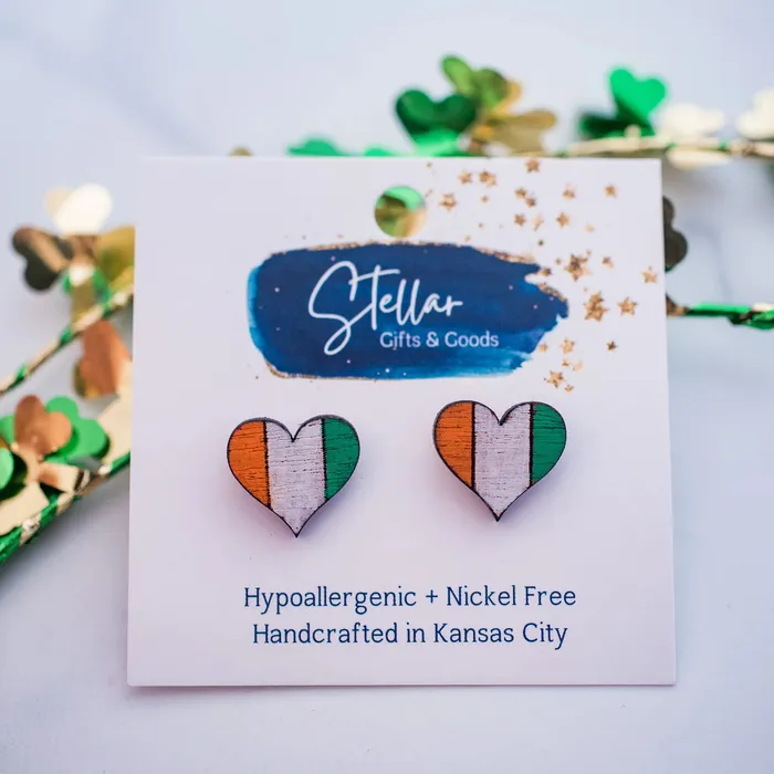 Hello Happiness Earrings Hand Painted Irish Flag Heart Stud Earrings