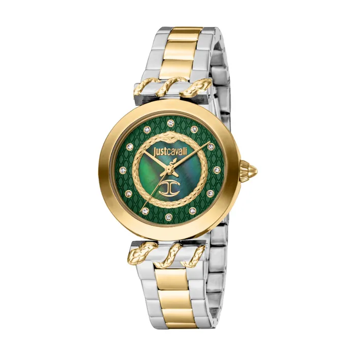 Just Cavalli Womens Watch Gold Color Case Dark Green MOP Dial Two Tone Silver Gold Color Metal Bracelet Just Cavalli Bracelets Just Cavalli Womens Watch Gold Color Case Dark Green MOP Dial Two Tone Silver Gold Color Metal Bracelet Just Cavalli Bracelets