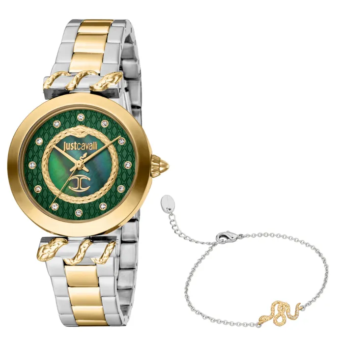 Just Cavalli Womens Watch Gold Color Case Dark Green MOP Dial Two Tone Silver Gold Color Metal Bracelet Just Cavalli Bracelets