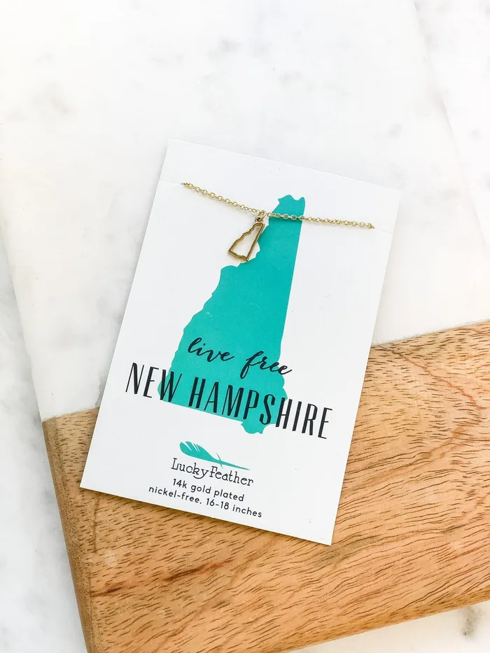 Necklaces Lucky Feather Petite State Outline Pendant Necklaces by Lucky Feather New Hampshire Necklaces Lucky Feather Petite State Outline Pendant Necklaces by Lucky Feather New Hampshire