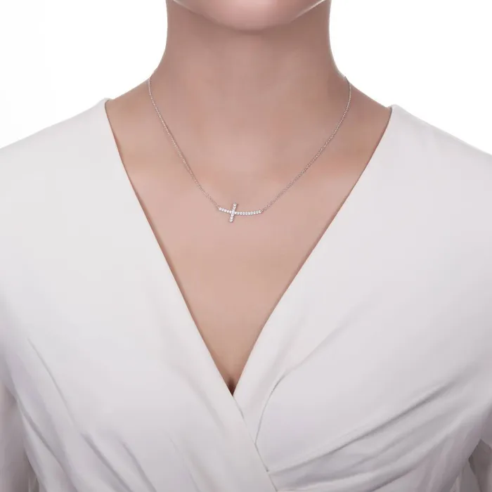 Necklaces Sideways Cross CZ Necklace in Sterling Silver BERRICLE