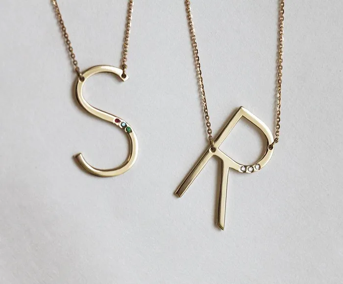 Necklaces Solid Gold Initial Necklace with Optional Birthstones capucinne