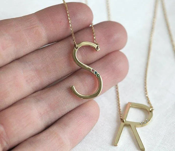 Necklaces Solid Gold Initial Necklace with Optional Birthstones capucinne