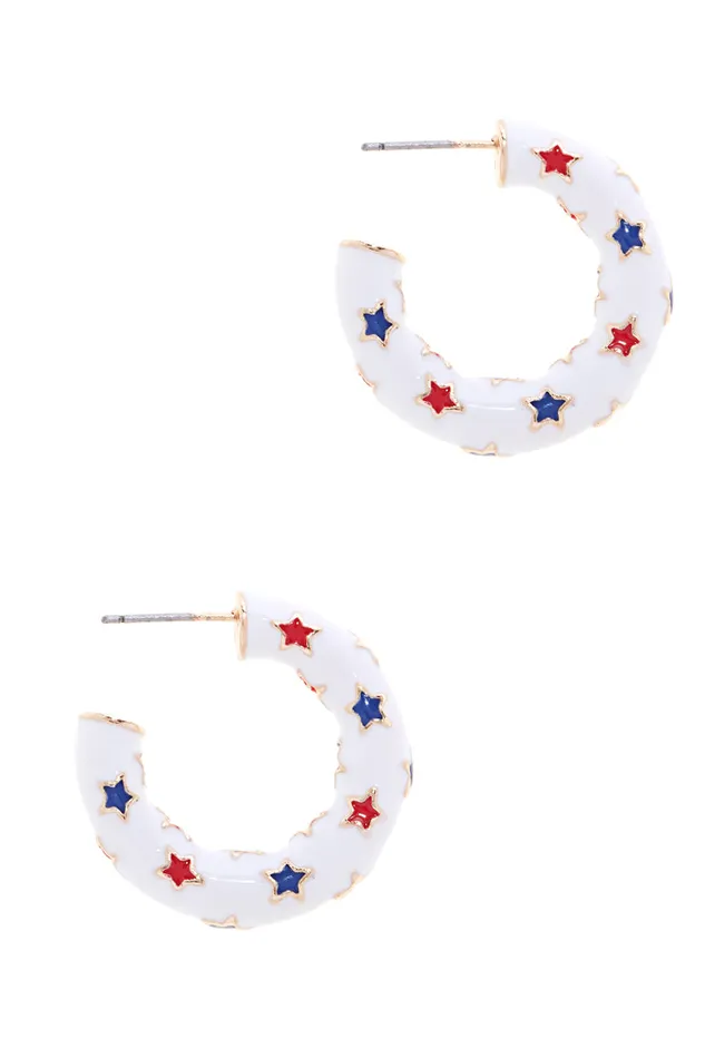 Prep Obsessed ESS Earrings Red White Blue Enamel Star Hoop Earrings