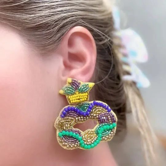 Prep Obsessed TL Earrings Mardi Gras King Cake Beaded Dangle Earrings