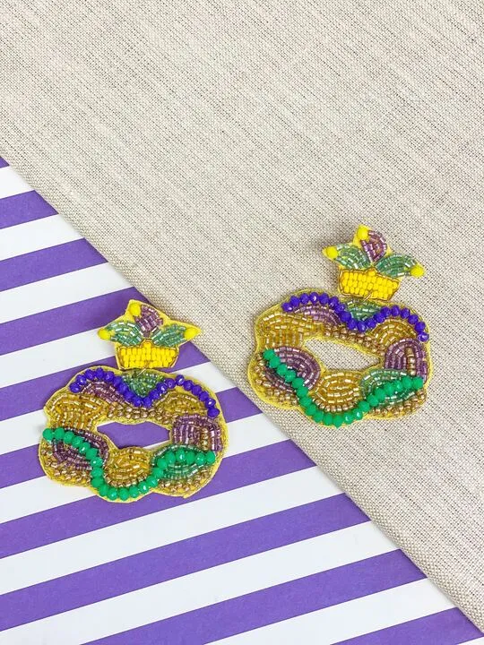 Prep Obsessed TL Earrings Mardi Gras King Cake Beaded Dangle Earrings
