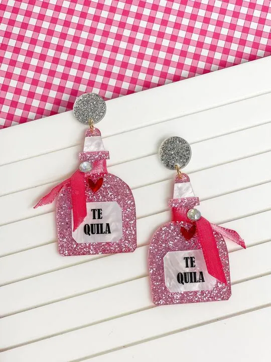 Prep Obsessed TL Earrings Pink Glitter Tequila Dangle Earrings