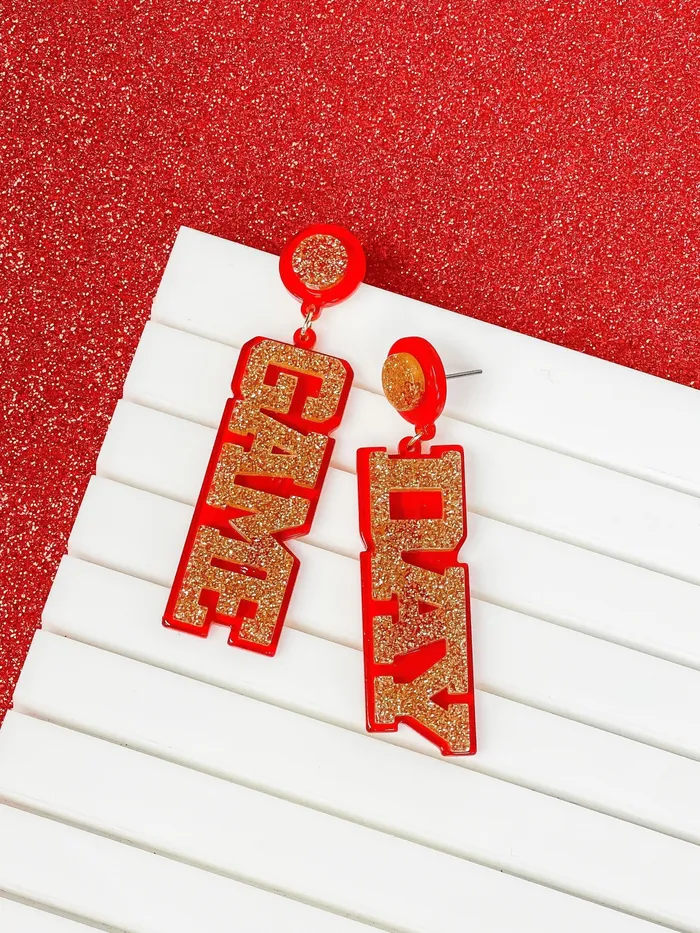 Prep Obsessed VP Game Day Statement Dangle Earrings Red Gold Earrings