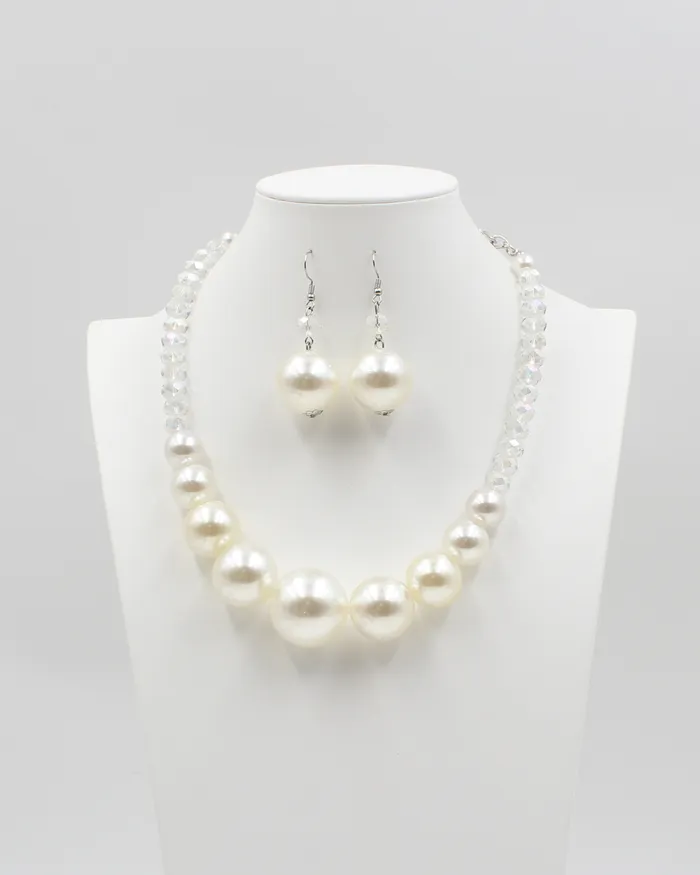 SEPT2024 Necklaces Pearl Necklace Earring Silver Set with Clear Jewels