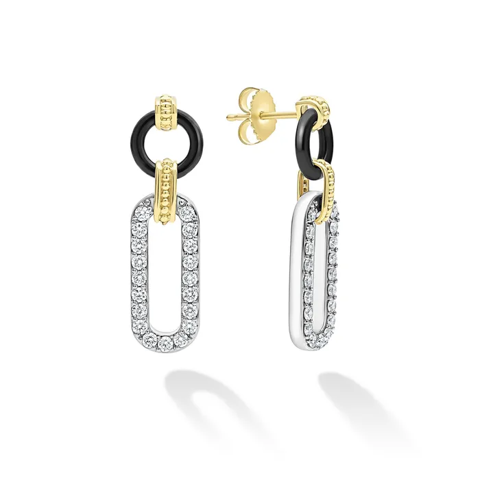 Signature Caviar 18K Gold and Black Ceramic Diamond Link Drop Earrings LAGOS Earrings Signature Caviar 18K Gold and Black Ceramic Diamond Link Drop Earrings LAGOS Earrings