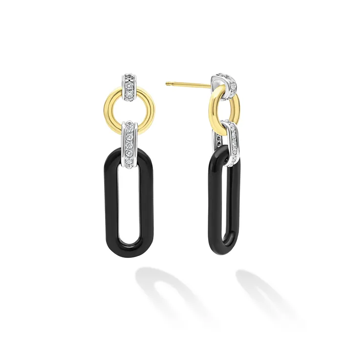 Signature Caviar 18K Gold and Black Ceramic Diamond Link Drop Earrings LAGOS Earrings Signature Caviar 18K Gold and Black Ceramic Diamond Link Drop Earrings LAGOS Earrings