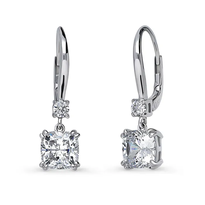 Solitaire 4ct Cushion CZ Leverback Earrings in Sterling Silver BERRICLE Earrings Solitaire 4ct Cushion CZ Leverback Earrings in Sterling Silver BERRICLE Earrings