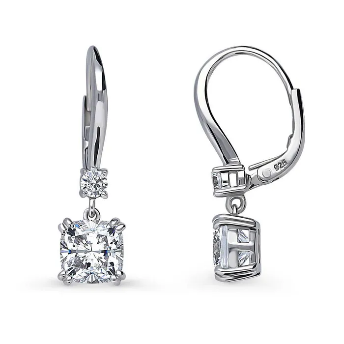 Solitaire 4ct Cushion CZ Leverback Earrings in Sterling Silver BERRICLE Earrings