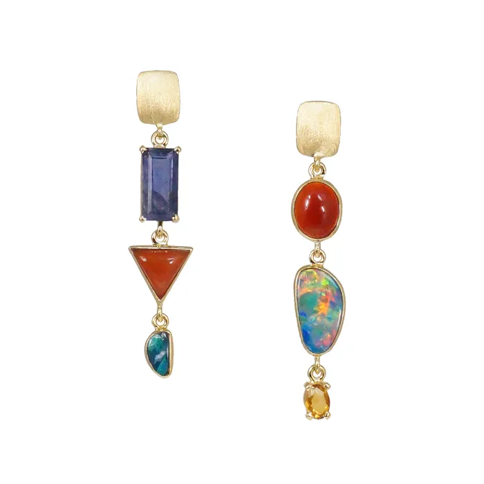 14k Gold Asymmetrical Opal Carnelian MultiStone Earrings Q Evon Earrings