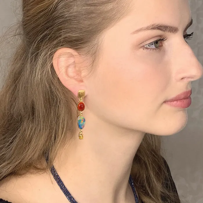14k Gold Asymmetrical Opal Carnelian MultiStone Earrings Q Evon Earrings