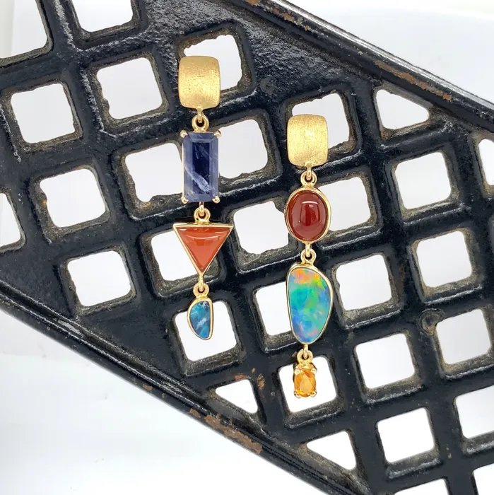 14k Gold Asymmetrical Opal Carnelian MultiStone Earrings Q Evon Earrings