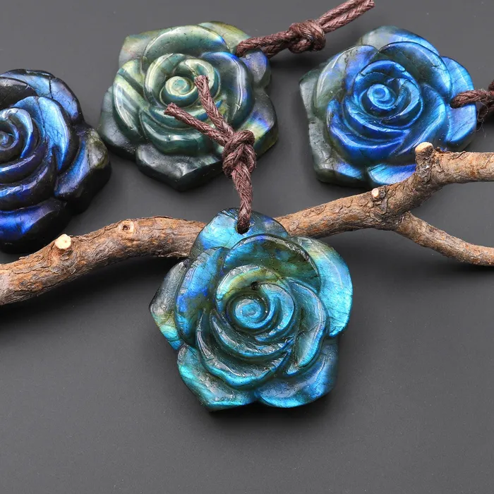 AAA Hand Carved Natural Labradorite Rose Flower Pendant 30mm Gemstone Focal Bead A4 Intrinsic Trading Necklaces AAA Hand Carved Natural Labradorite Rose Flower Pendant 30mm Gemstone Focal Bead A4 Intrinsic Trading Necklaces