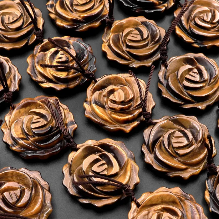 AAA Hand Carved Natural Tigers Eye Rose Flower Pendant Gemstone Focal Bead Intrinsic Trading Necklaces